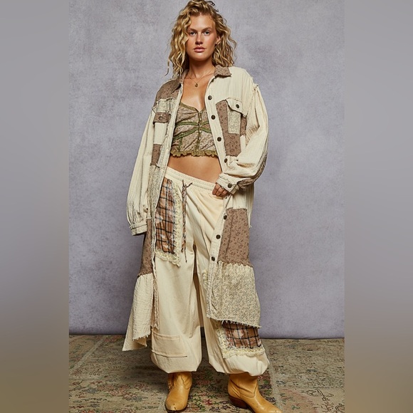 POL Patchwork Long Cotton Duster Coat Cream Brown - Picture 4 of 4